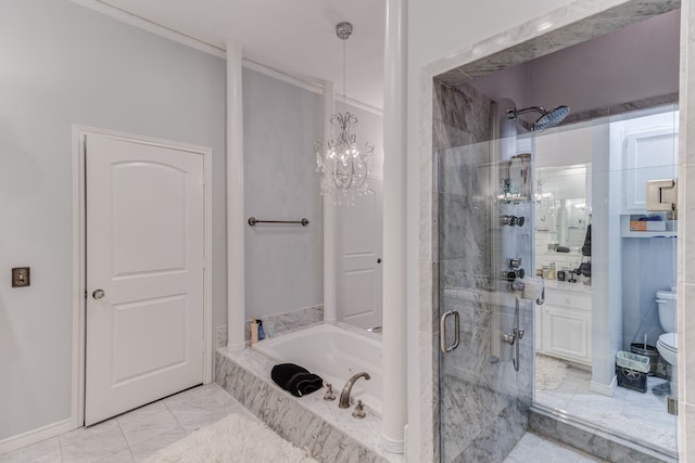 full bathroom with an inviting chandelier, shower with separate bathtub, vanity, and toilet