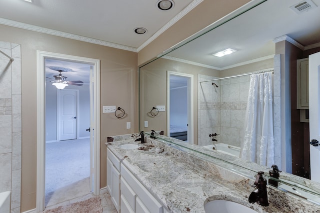 bathroom featuring ornamental molding, vanity, ceiling fan, and shower / bath combination with curtain