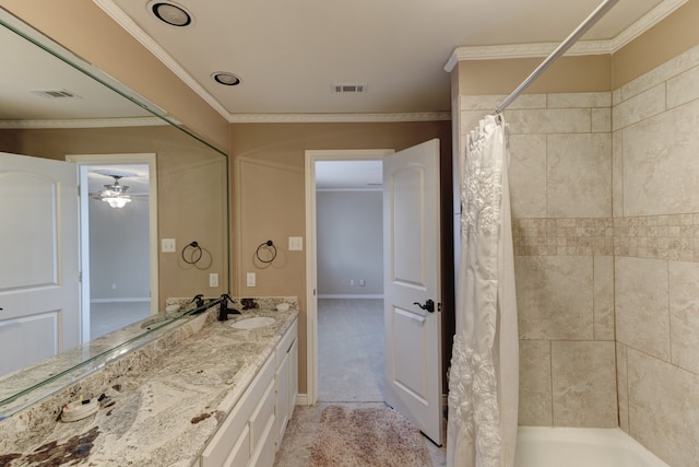 bathroom with crown molding, shower / tub combo with curtain, vanity, and ceiling fan