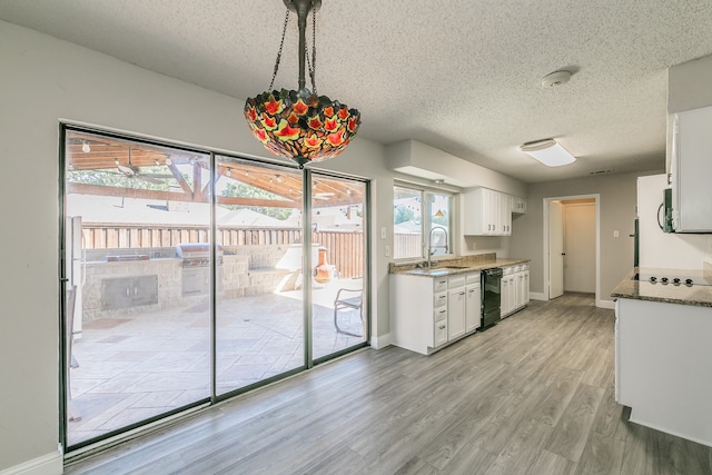 kitchen featuring light wood-type flooring, white cabinets, dishwasher, and a textured ceiling