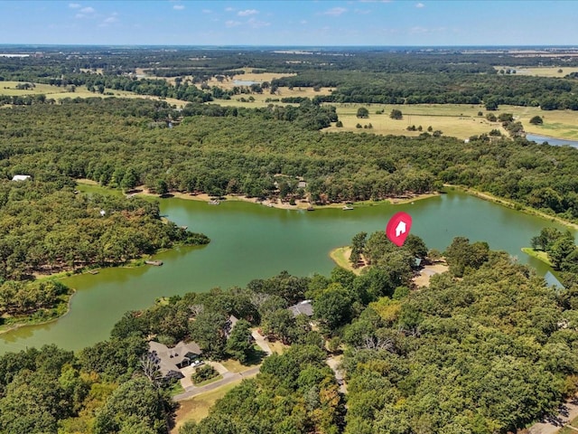 birds eye view of property featuring a forest view and a water view