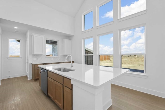 kitchen with white cabinets, a healthy amount of sunlight, sink, and a kitchen island with sink