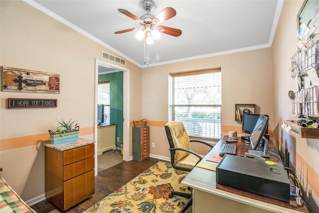 office space with ornamental molding, ceiling fan, dark hardwood / wood-style floors, and vaulted ceiling