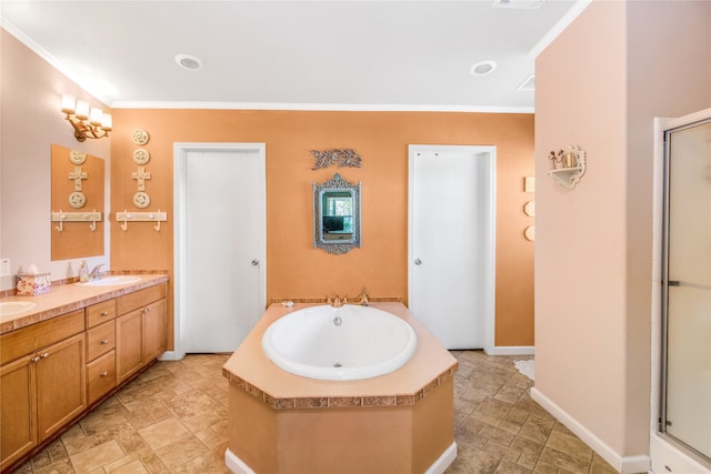 bathroom featuring crown molding, vanity, and plus walk in shower