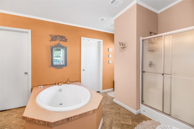 bathroom featuring separate shower and tub and ornamental molding