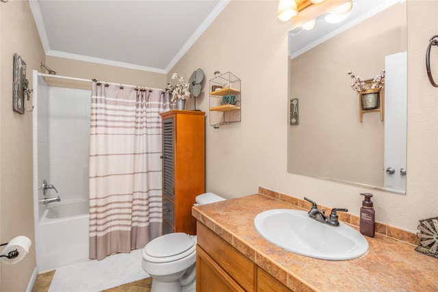 full bathroom with vanity, shower / tub combo, tile patterned flooring, toilet, and ornamental molding