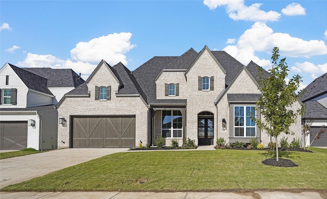 french provincial home featuring a front yard and a garage