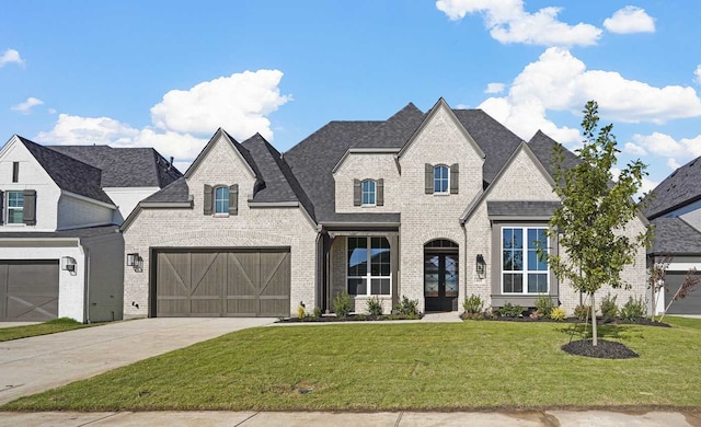 french country home with a front lawn and a garage