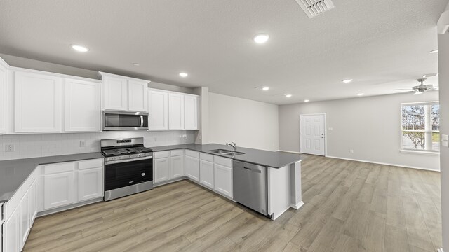 kitchen featuring kitchen peninsula, stainless steel appliances, sink, white cabinets, and light hardwood / wood-style floors