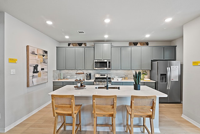 kitchen with backsplash, light wood-type flooring, appliances with stainless steel finishes, gray cabinets, and a center island with sink