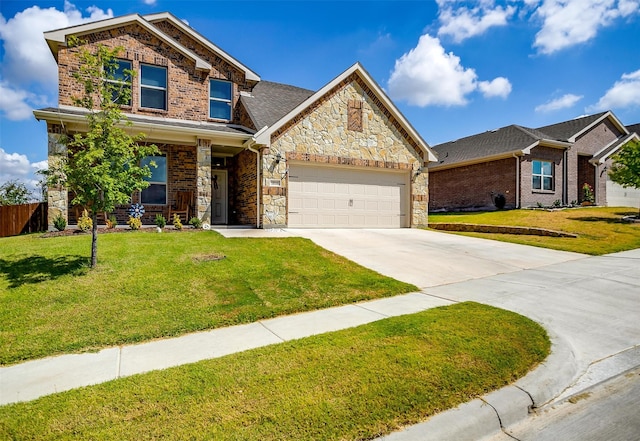 craftsman-style house featuring a front lawn and a garage