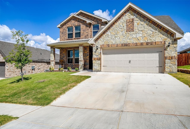 craftsman house with a garage, a porch, and a front yard