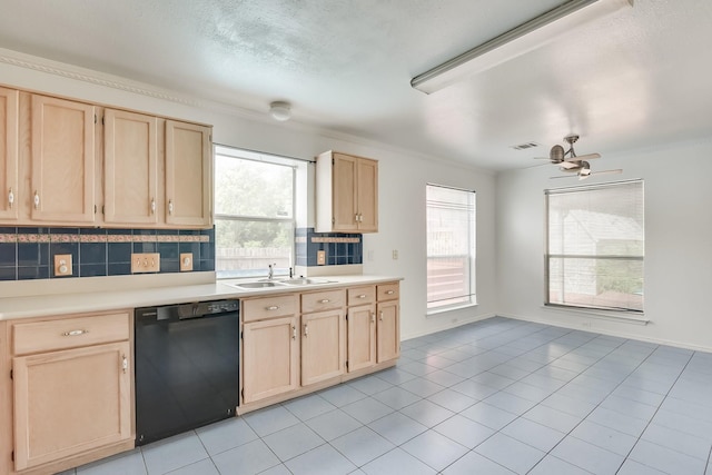 kitchen with ceiling fan, light brown cabinets, black dishwasher, and decorative backsplash