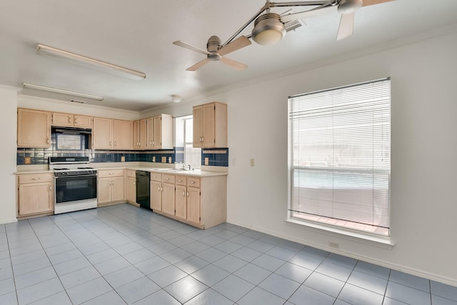 kitchen featuring black dishwasher, light brown cabinets, white gas range oven, and ceiling fan