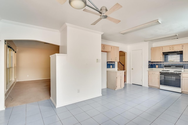 kitchen with ornamental molding, ceiling fan, white range with gas stovetop, and light brown cabinets