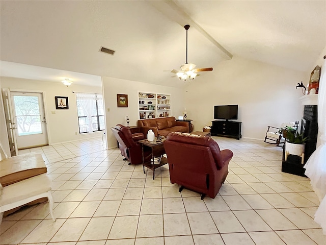 living room featuring high vaulted ceiling, light tile patterned flooring, beam ceiling, and ceiling fan