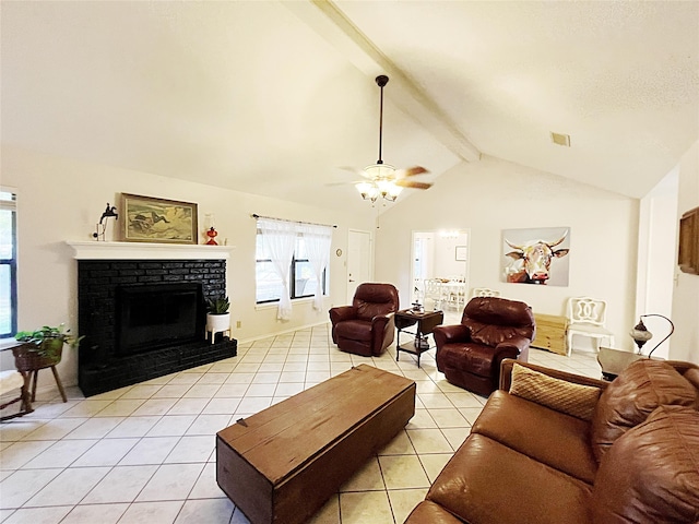 tiled living room with ceiling fan, a fireplace, and lofted ceiling with beams