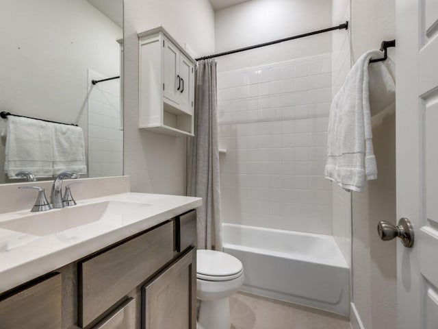 full bathroom featuring toilet, tile patterned flooring, shower / bathtub combination with curtain, and vanity