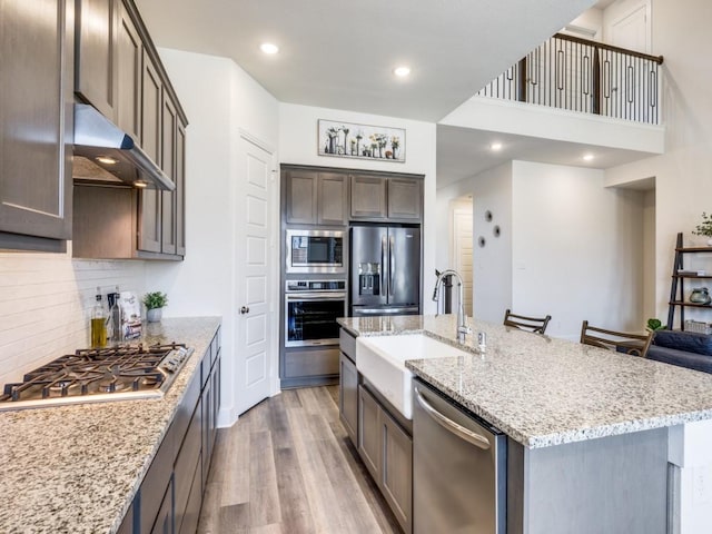 kitchen featuring sink, light hardwood / wood-style flooring, light stone countertops, an island with sink, and appliances with stainless steel finishes