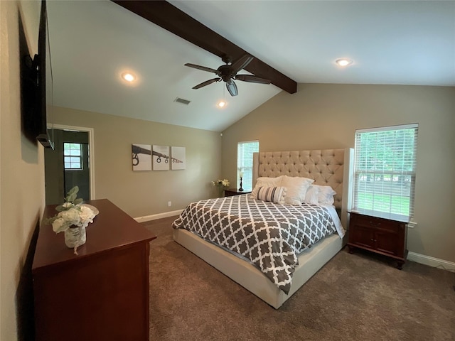 bedroom with dark carpet, ceiling fan, and lofted ceiling with beams