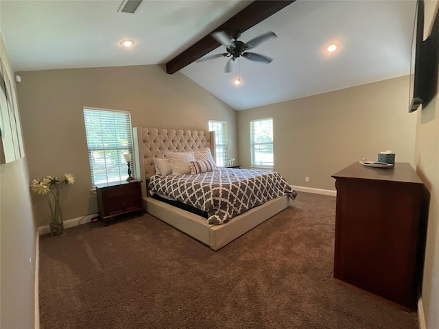 bedroom featuring dark carpet, ceiling fan, and vaulted ceiling with beams