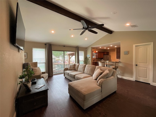 living room with ceiling fan, dark hardwood / wood-style floors, and vaulted ceiling with beams