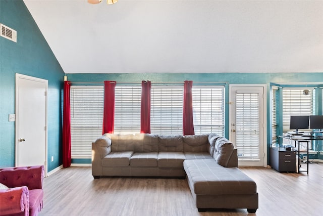 living room featuring lofted ceiling and wood-type flooring