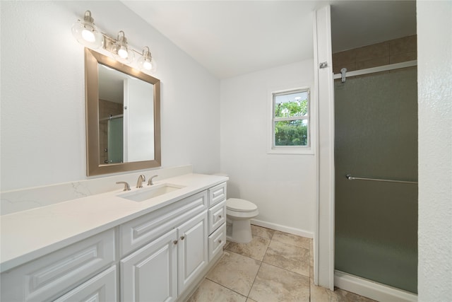 bathroom with tile patterned floors, walk in shower, toilet, and vanity