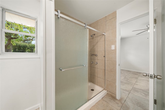 bathroom featuring tile patterned floors, walk in shower, and ceiling fan