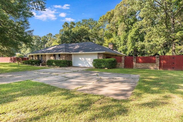 view of front of home with a garage and a front lawn