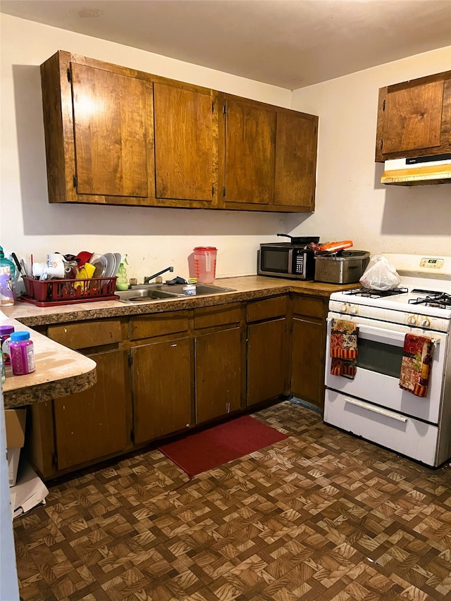 kitchen with white gas stove, sink, and dark parquet floors