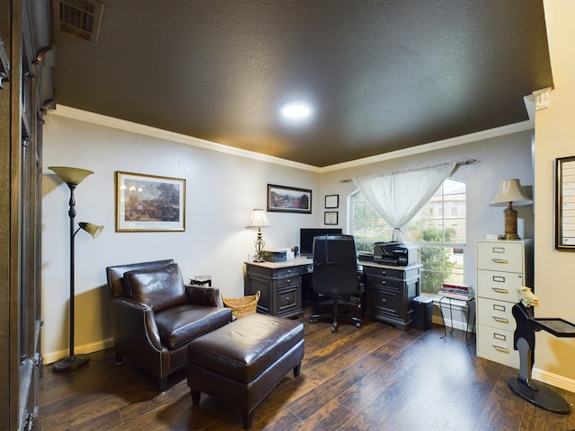 bedroom featuring ceiling fan, ornamental molding, and dark hardwood / wood-style flooring