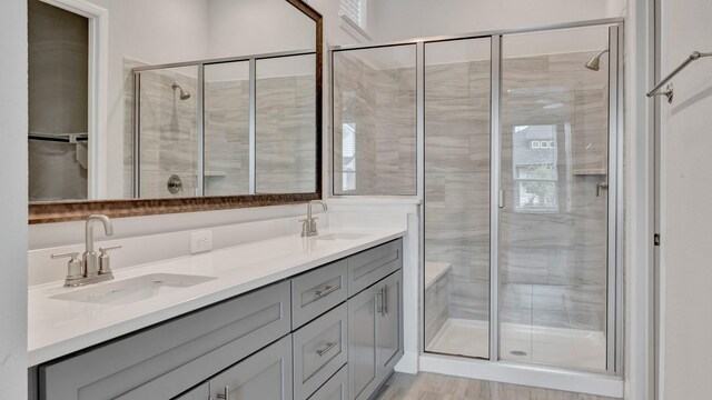 bathroom featuring vanity and a shower with door