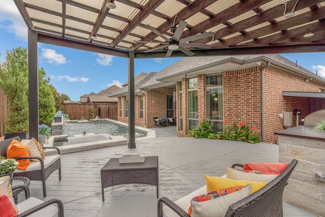 view of patio featuring ceiling fan, a pergola, an outdoor living space, pool water feature, and a fenced in pool