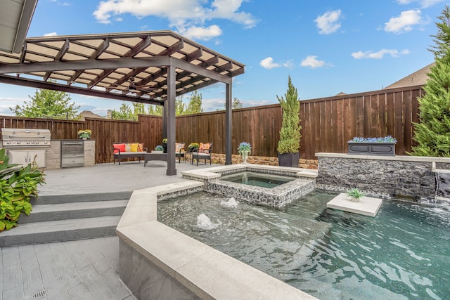 view of patio featuring an in ground hot tub, an outdoor living space, pool water feature, and grilling area