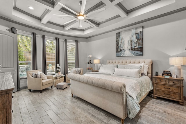 bedroom featuring beam ceiling, ceiling fan, coffered ceiling, crown molding, and light hardwood / wood-style floors