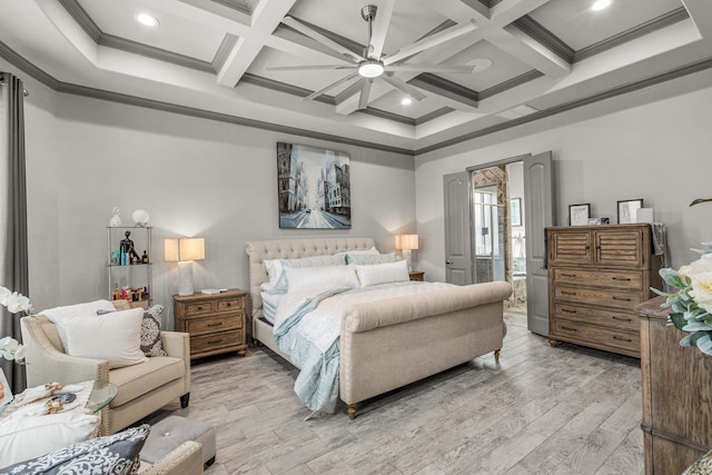 bedroom featuring coffered ceiling, ceiling fan, crown molding, beamed ceiling, and light hardwood / wood-style floors