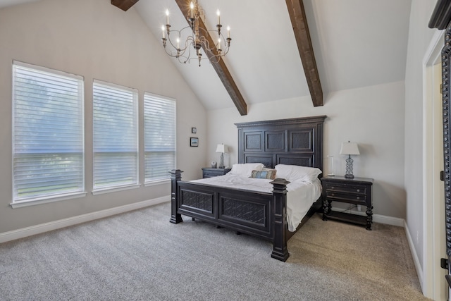 carpeted bedroom with a chandelier, beamed ceiling, high vaulted ceiling, and multiple windows