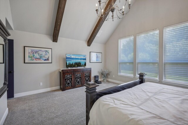 carpeted bedroom featuring high vaulted ceiling, a chandelier, and beamed ceiling