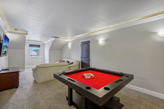 playroom with crown molding, carpet, and pool table