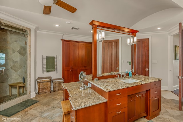 bathroom with crown molding, vanity, and an enclosed shower