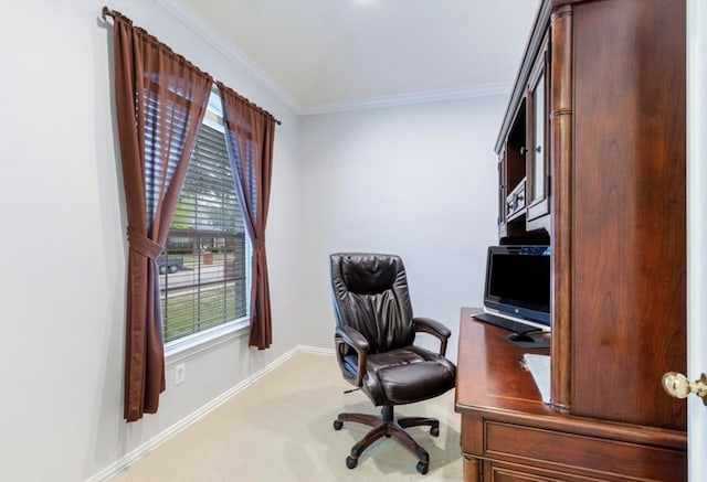 carpeted home office with ornamental molding