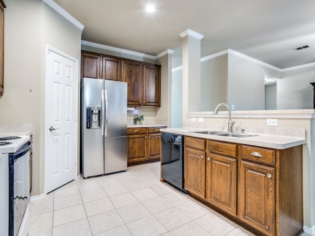 kitchen with electric stove, crown molding, dishwasher, sink, and stainless steel fridge with ice dispenser