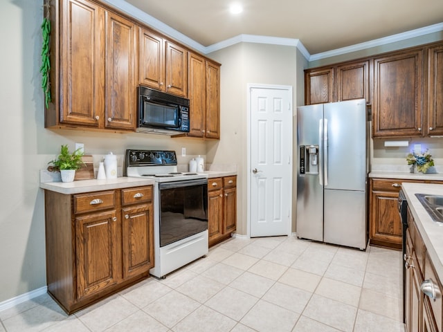 kitchen featuring crown molding, light tile patterned flooring, white electric range, and stainless steel refrigerator with ice dispenser