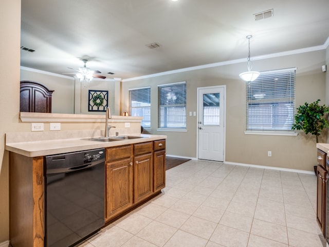 kitchen featuring decorative light fixtures, dishwasher, ornamental molding, sink, and ceiling fan