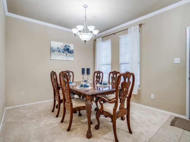 dining area with light colored carpet, an inviting chandelier, and crown molding