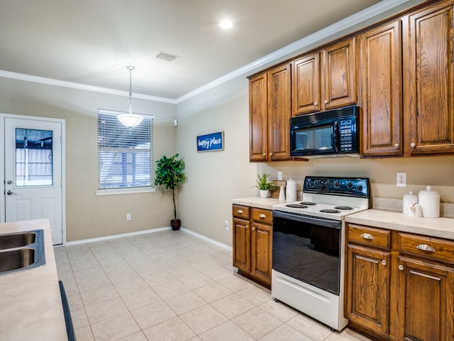 kitchen featuring ornamental molding, white range with electric stovetop, and hanging light fixtures