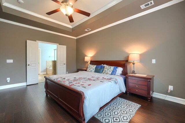 bedroom with ornamental molding, dark wood-type flooring, and ceiling fan