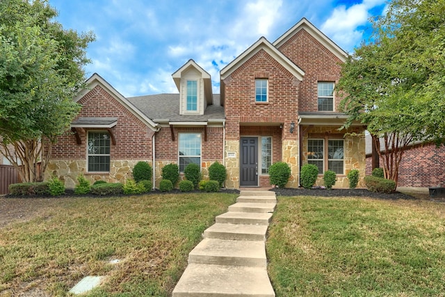 view of front of house featuring stone siding, brick siding, a front lawn, and roof with shingles