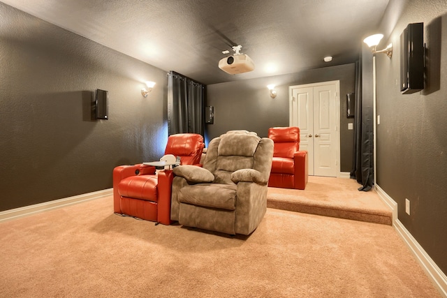 carpeted cinema with a textured ceiling